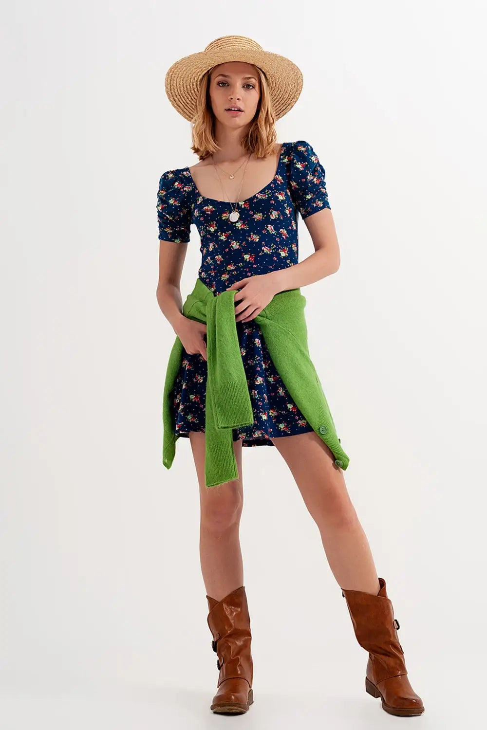 Robe patineuse à fleurs avec manches bouffantes bleu marine - Vestidos