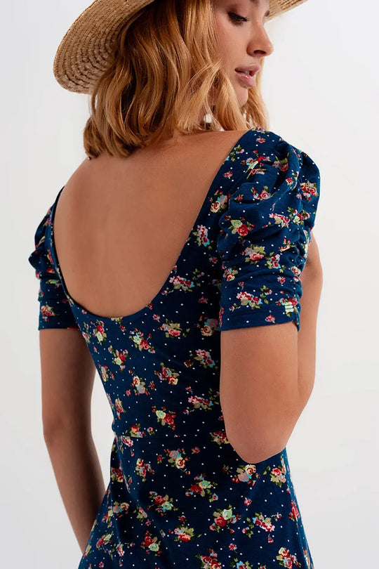 Robe patineuse à fleurs avec manches bouffantes bleu marine - Vestidos
