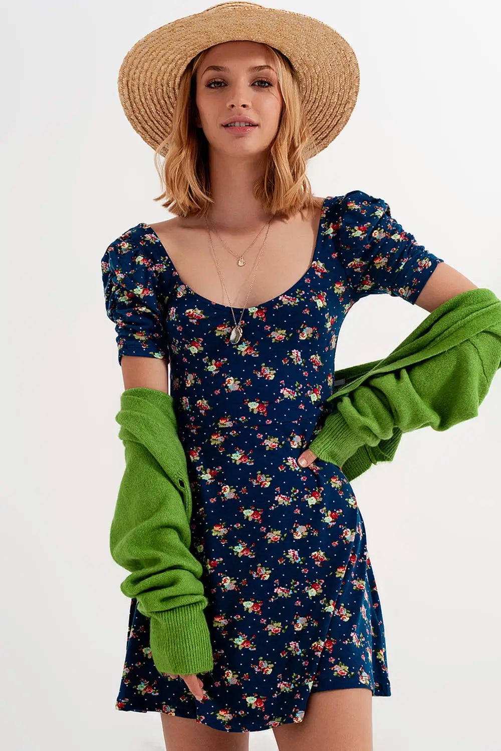 Robe patineuse à fleurs avec manches bouffantes bleu marine - Vestidos