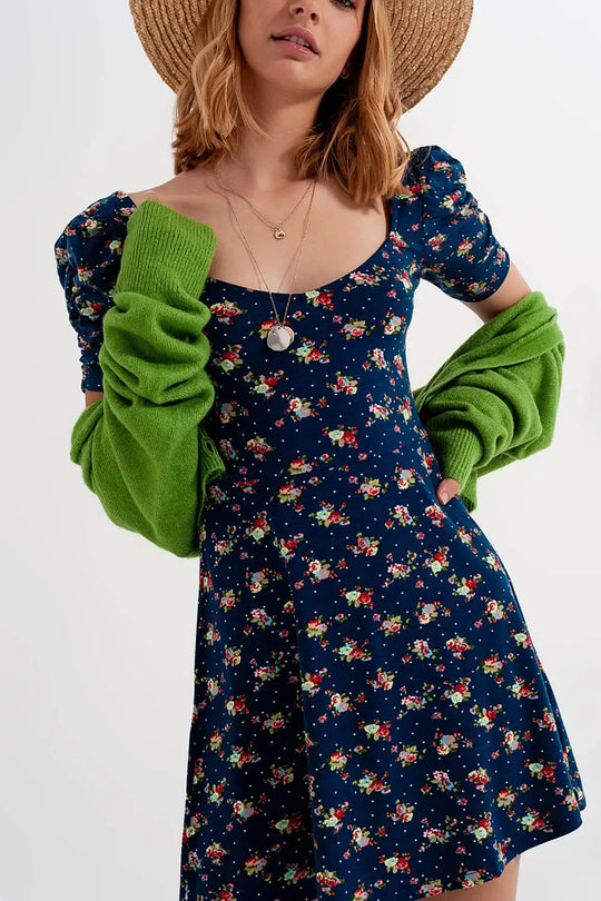 Robe patineuse à fleurs avec manches bouffantes bleu marine - Vestidos