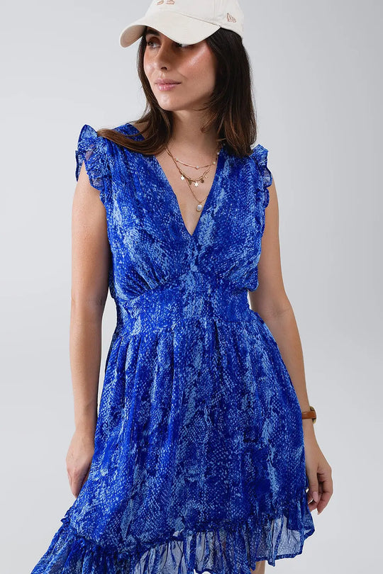 Robe patineuse à taille cintrée en imprimé bleu serpent avec fil de Lurex doré - Vestidos