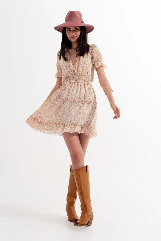 Robe patineuse courte style cache-cœur à devant froncé avec imprimé fleurs Jaune - Vestidos