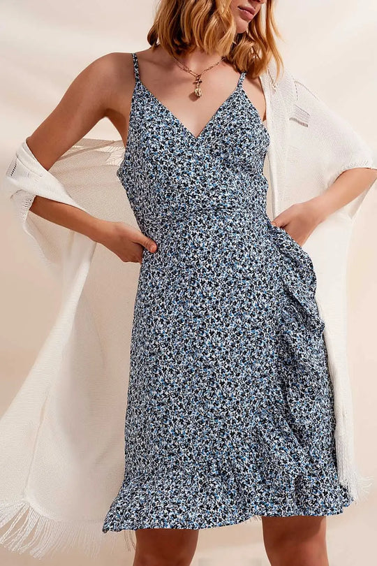 Robe portefeuille à volants bleu fleuri - Vestidos
