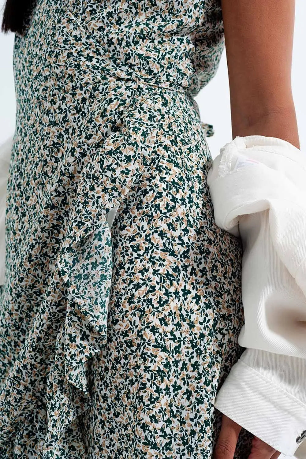 Robe portefeuille à volants vert fleuri - Vestidos
