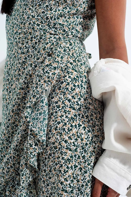 Robe portefeuille à volants vert fleuri - Vestidos