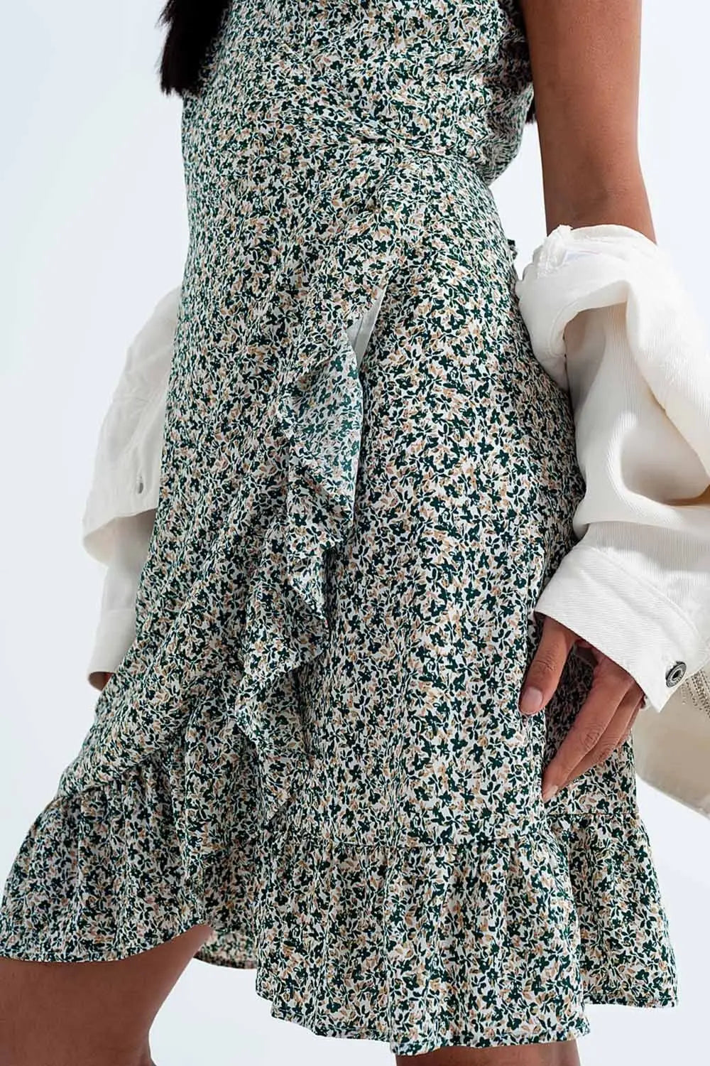 Robe portefeuille à volants vert fleuri - Vestidos