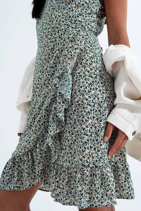 Robe portefeuille à volants vert fleuri - Vestidos