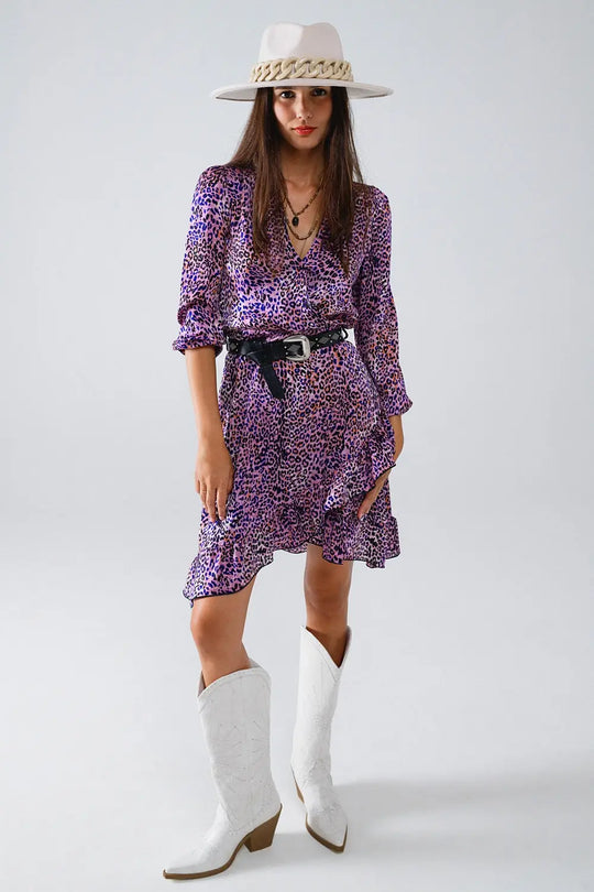 Robe portefeuille imprimé animal violet avec jupe à volants - Vestidos