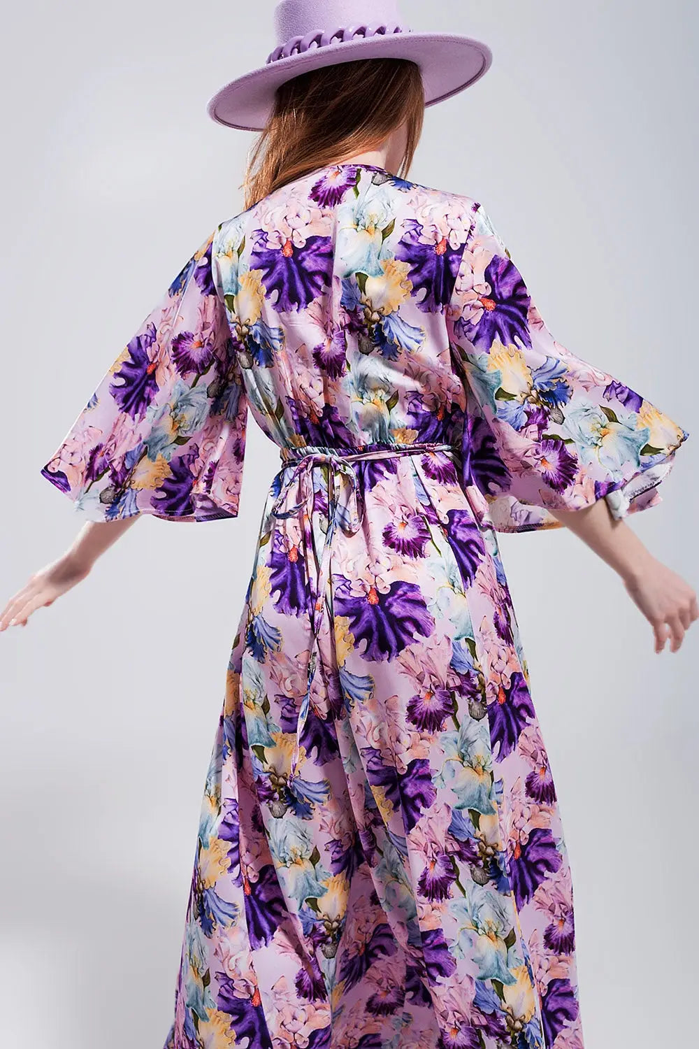 Robe pourpre longue à manches évasées et à fleurs - Vestidos