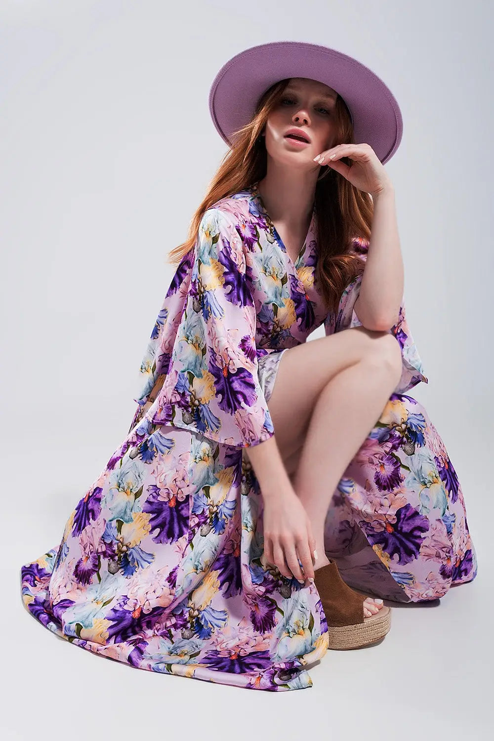 Robe pourpre longue à manches évasées et à fleurs - Vestidos