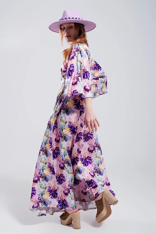 Robe pourpre longue à manches évasées et à fleurs - Vestidos
