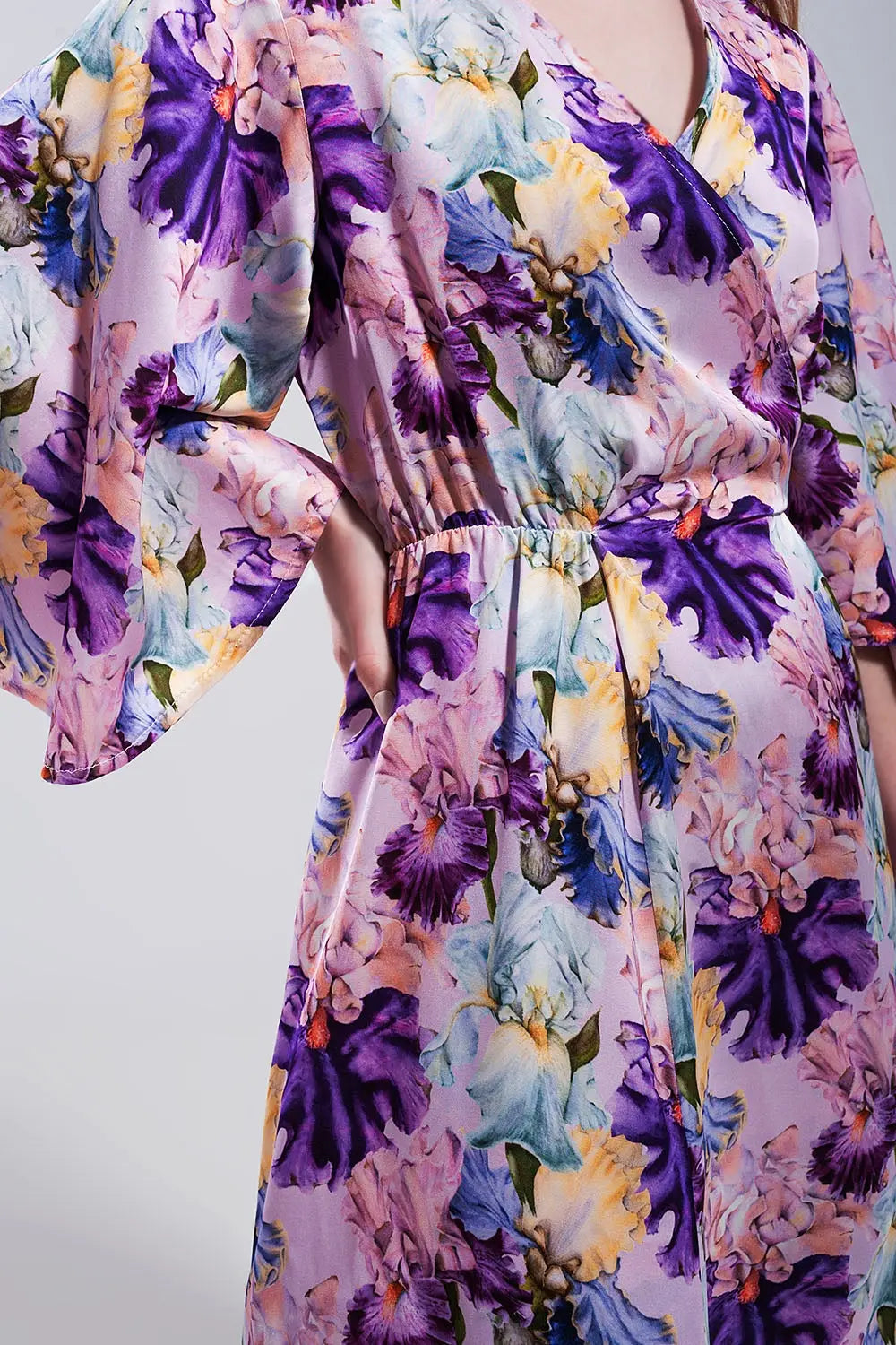 Robe pourpre longue à manches évasées et à fleurs - Vestidos