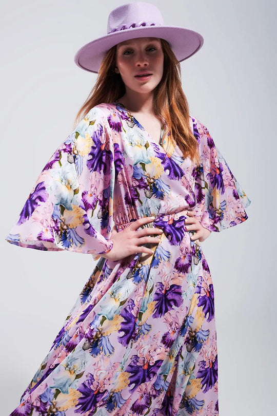 Robe pourpre longue à manches évasées et à fleurs - Vestidos