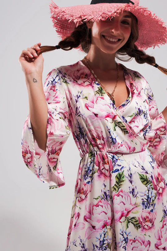 Robe rose longue à manches évasées et à fleurs - Vestidos