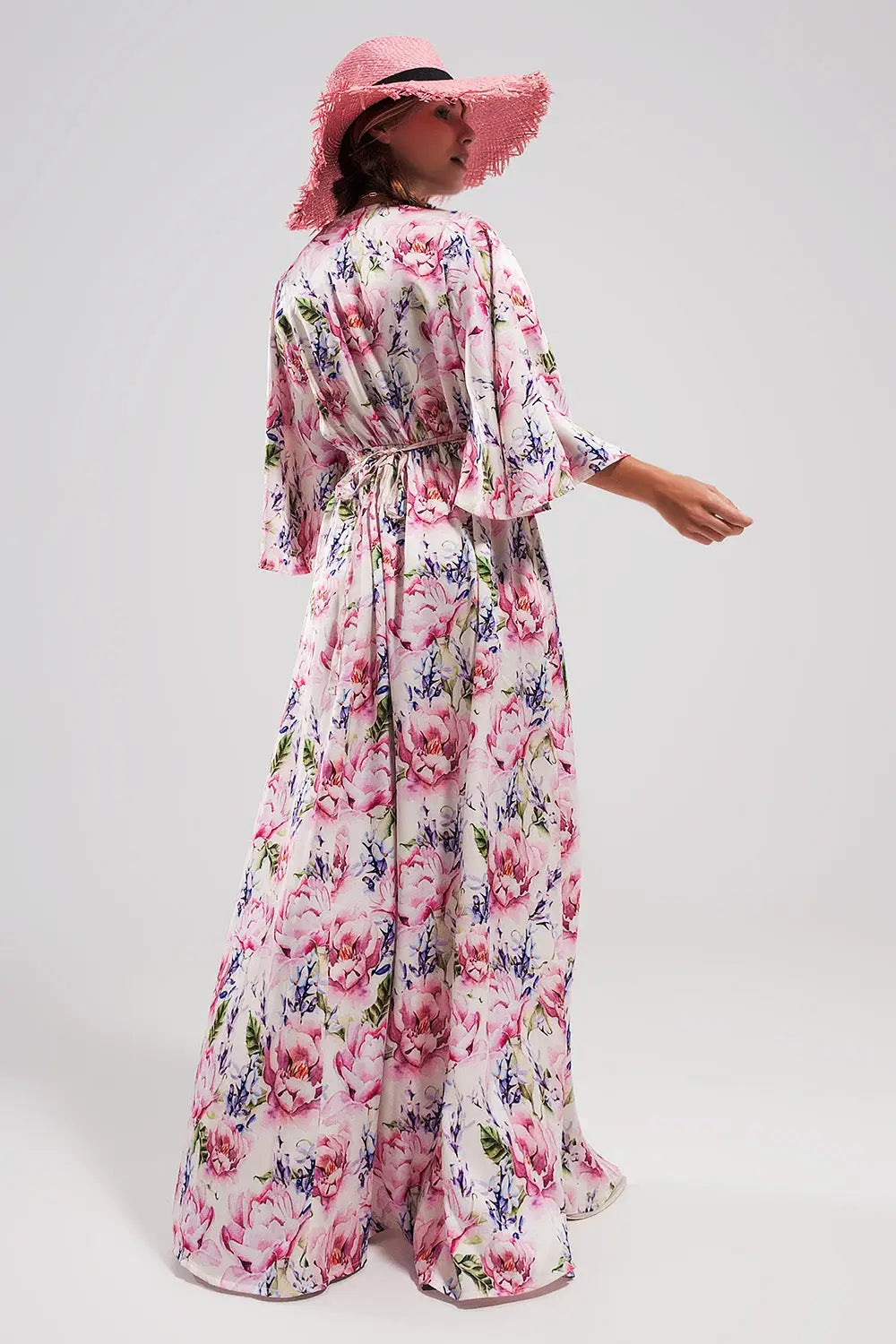 Robe rose longue à manches évasées et à fleurs - Vestidos