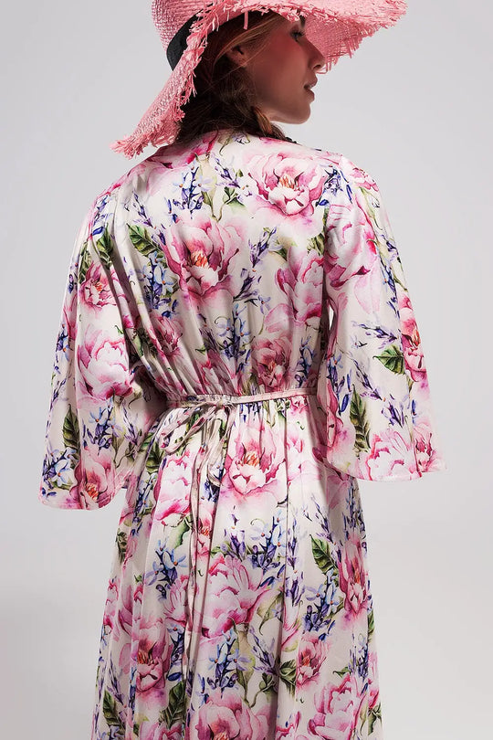 Robe rose longue à manches évasées et à fleurs - Vestidos