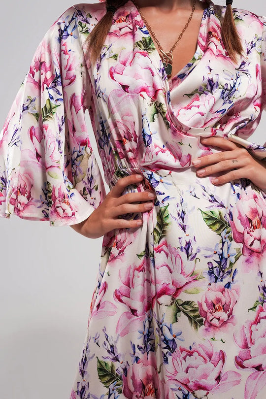 Robe rose longue à manches évasées et à fleurs - Vestidos