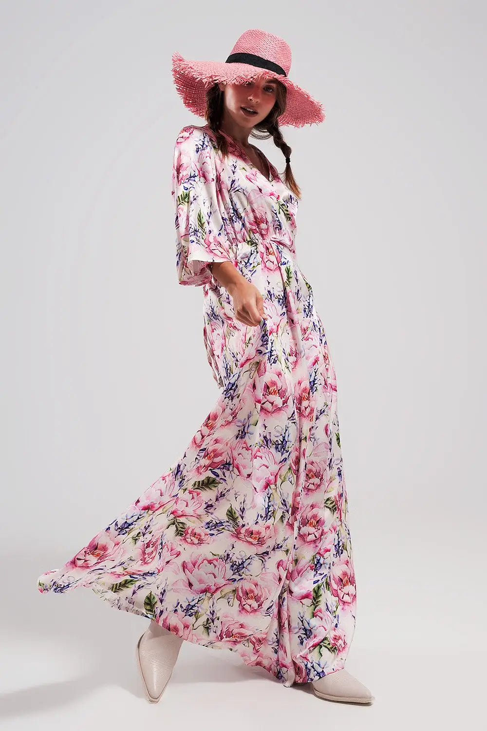 Robe rose longue à manches évasées et à fleurs - Vestidos