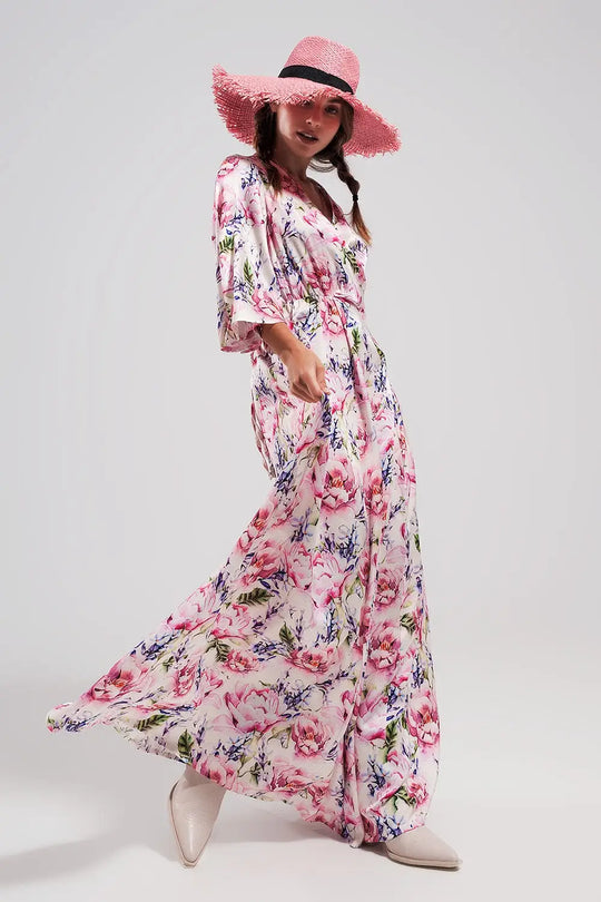 Robe rose longue à manches évasées et à fleurs - Vestidos