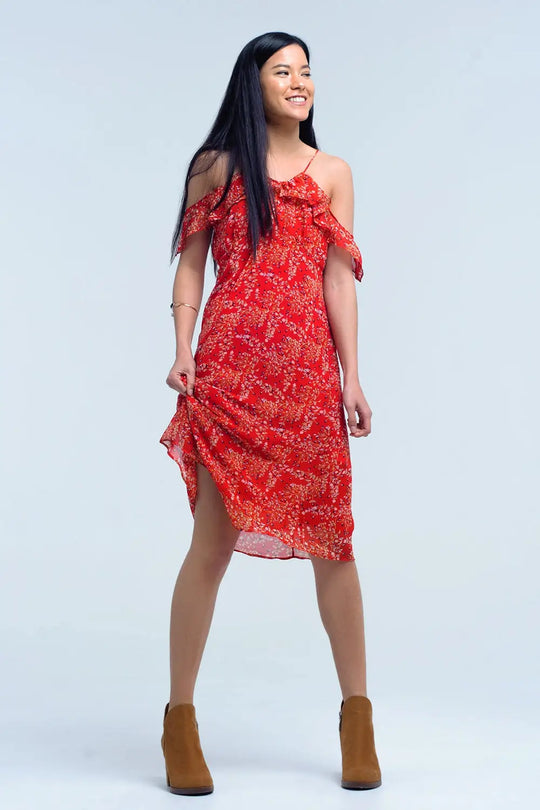 Robe rouge avec des fleurs imprimées et des volants - Vestidos