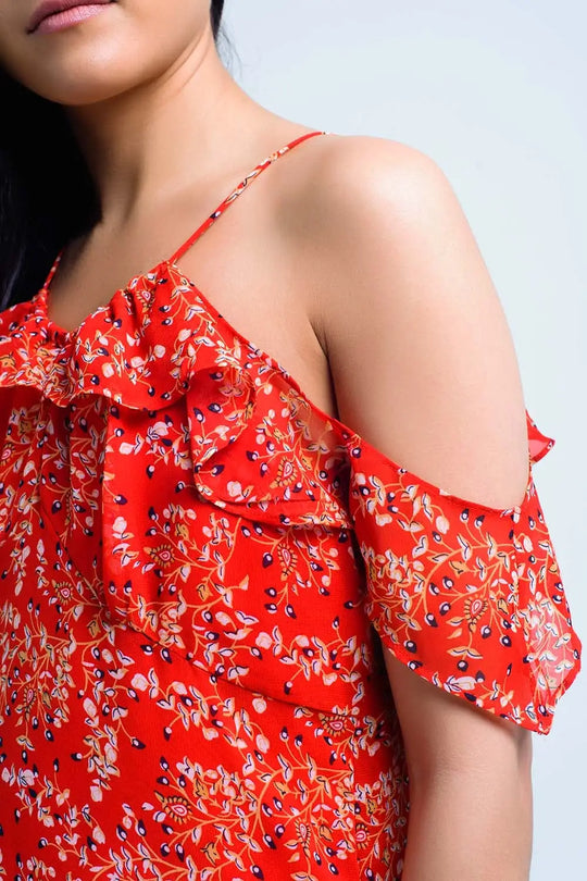 Robe rouge avec des fleurs imprimées et des volants - Vestidos