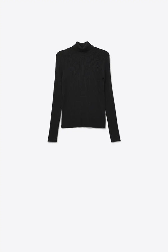 Rolled Turtle Neck Ribbed Sweater in black - Sweaters