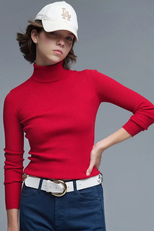 Q2 Rolled Turtle Neck Ribbed Sweater in Ruby Red