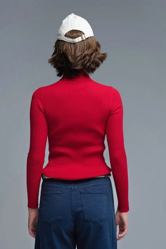 Rolled Turtle Neck Ribbed Sweater in Ruby Red - Sweaters