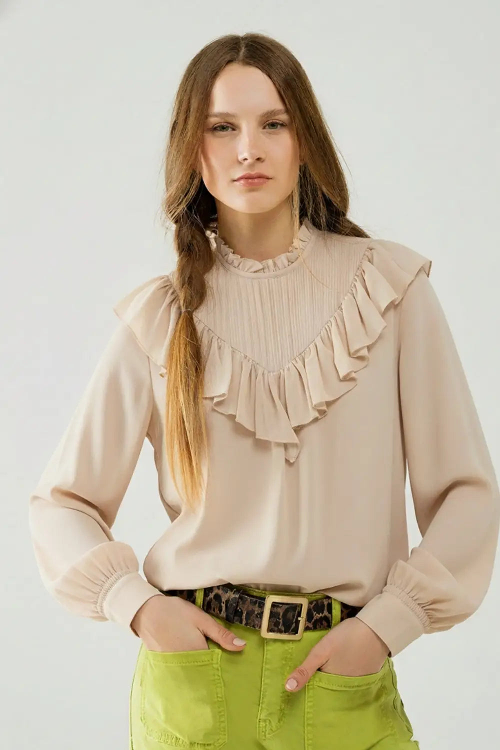 Q2 Romantic Beige Ruffled Long-Sleeve Blouse in chiffon fabric