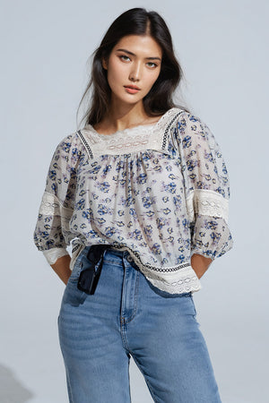 Q2 romantic blouse with flowers and lace detail