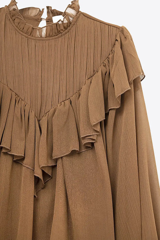 Romantic Brown Ruffled Long-Sleeve Blouse in chiffon fabric - Tops