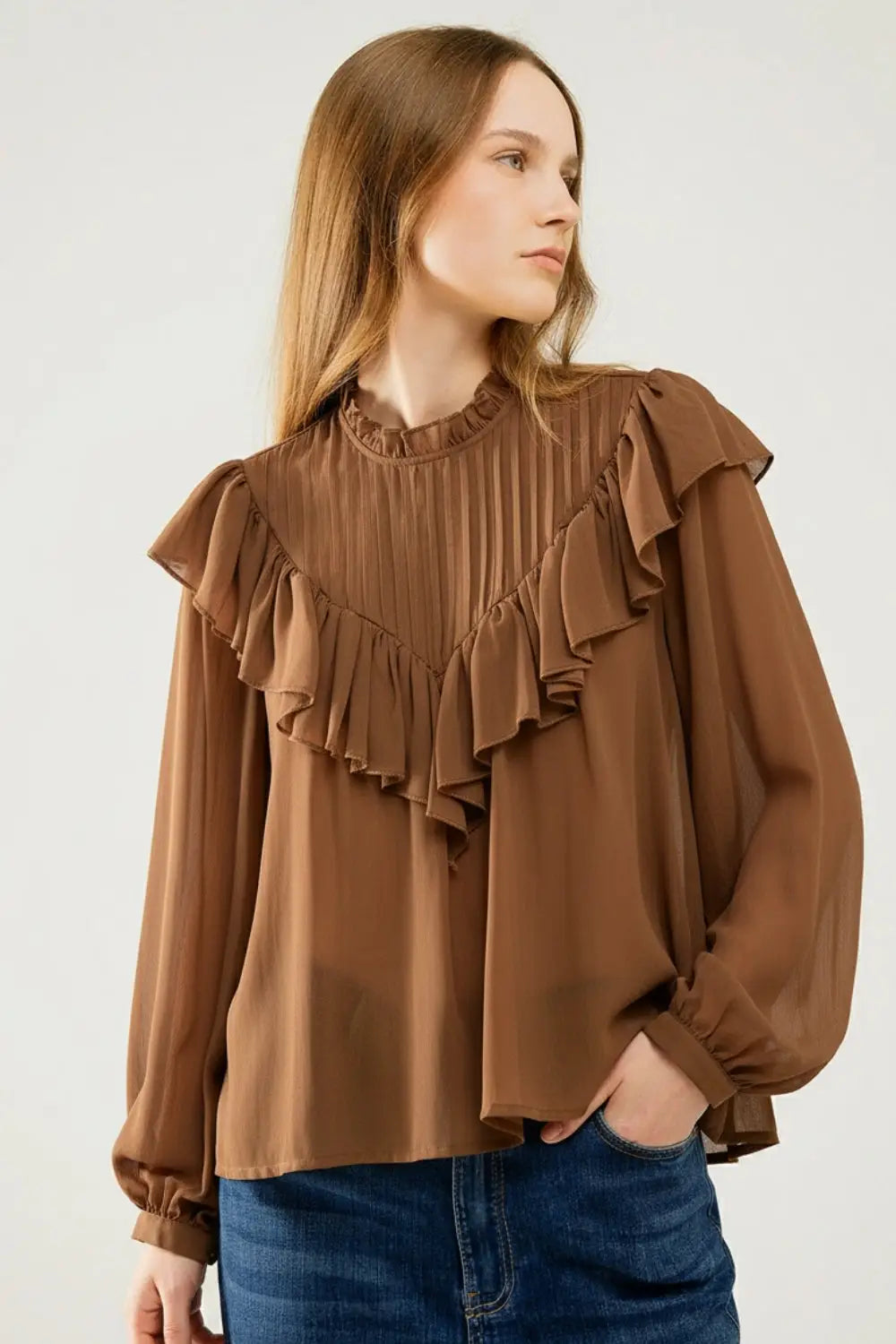Q2 Romantic Brown Ruffled Long-Sleeve Blouse in chiffon fabric