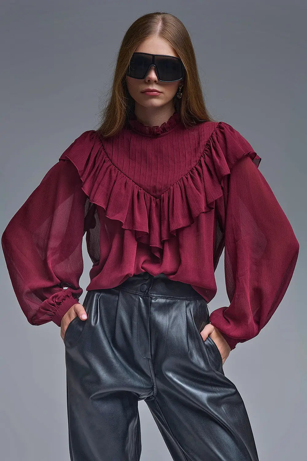 Q2 romantic Burgundy Ruffled Long-Sleeve Blouse