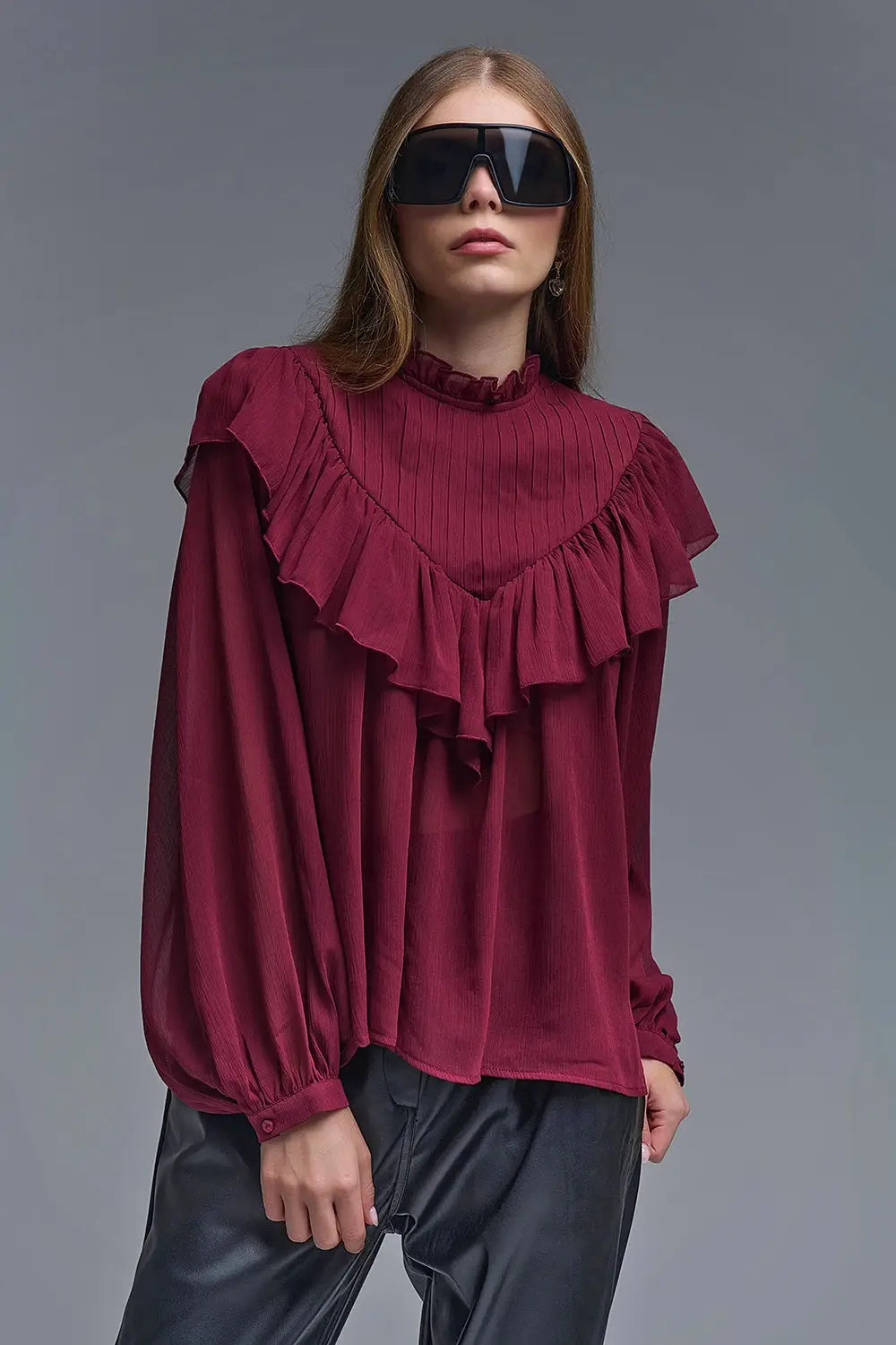 romantic Burgundy Ruffled Long-Sleeve Blouse - Shirts