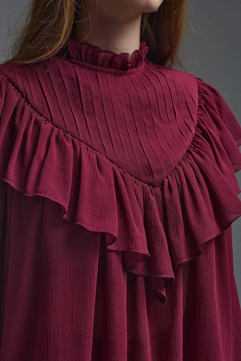 romantic Burgundy Ruffled Long-Sleeve Blouse - Shirts