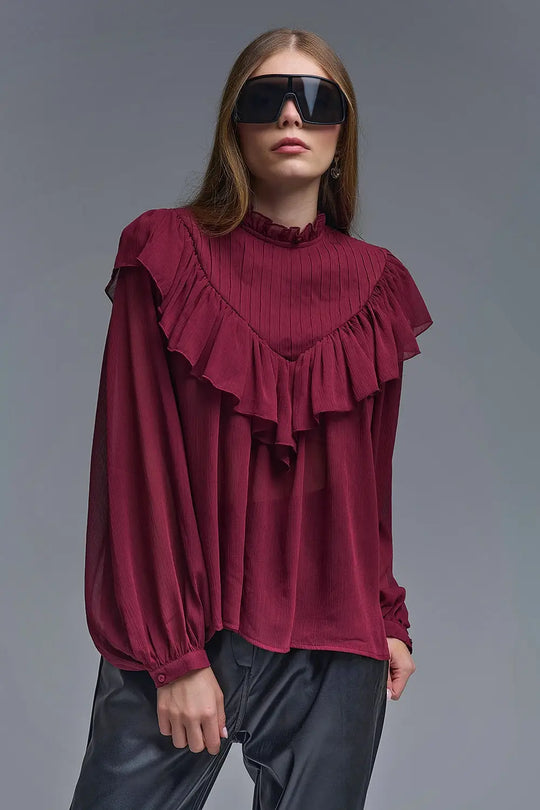 Romantic Burgundy Ruffled Long-Sleeve Blouse - Shirts
