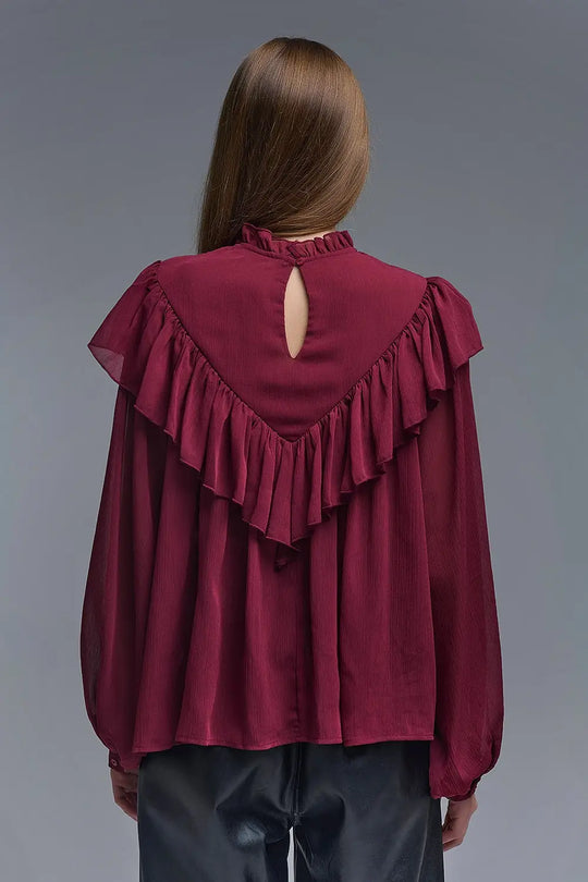 Romantic Burgundy Ruffled Long-Sleeve Blouse - Shirts