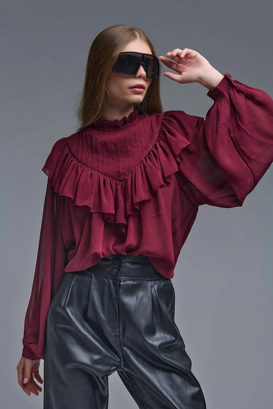 romantic Burgundy Ruffled Long-Sleeve Blouse - Shirts