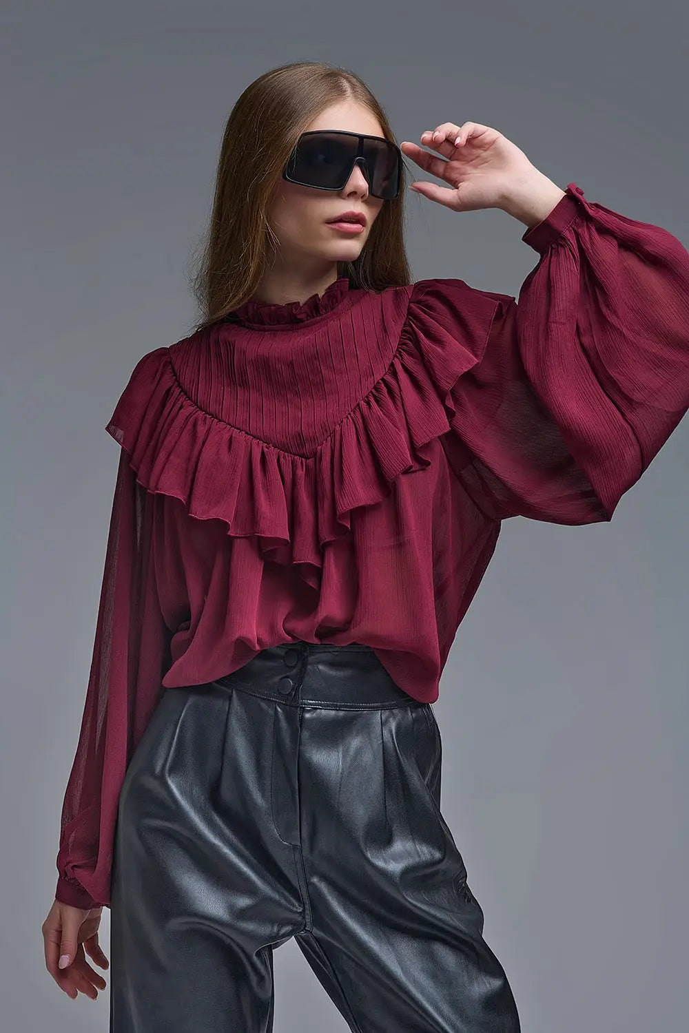 Romantic Burgundy Ruffled Long-Sleeve Blouse - Shirts