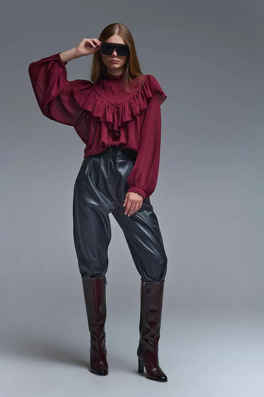 romantic Burgundy Ruffled Long-Sleeve Blouse - Shirts