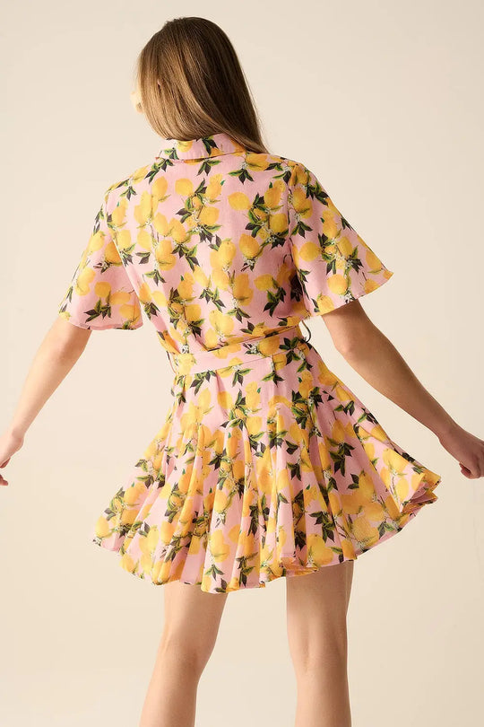 Romantic dress with waistband and lemon print and short sleeves in Pink - Dresses