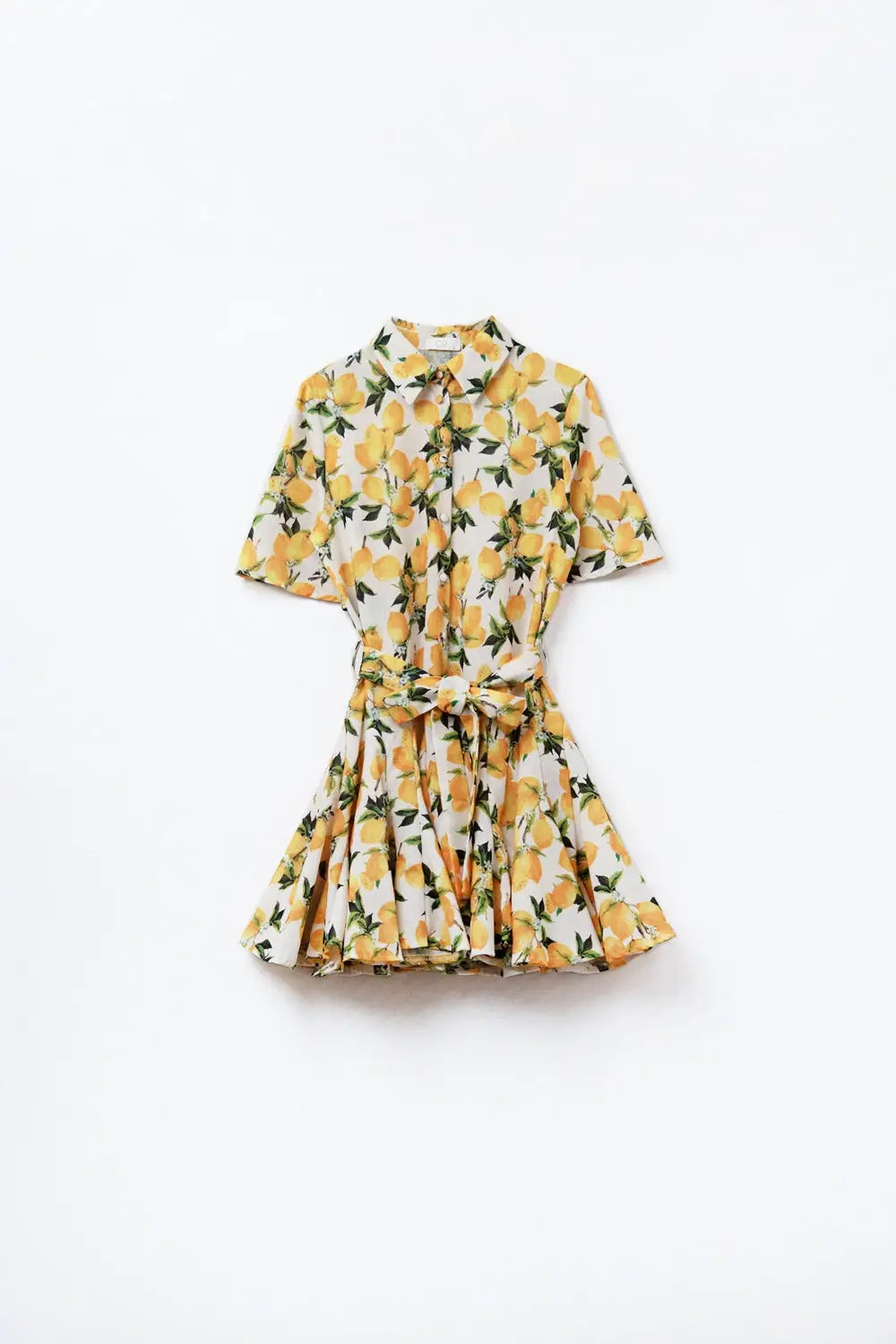 Q2 Romantic dress with waistband and lemon print and short sleeves