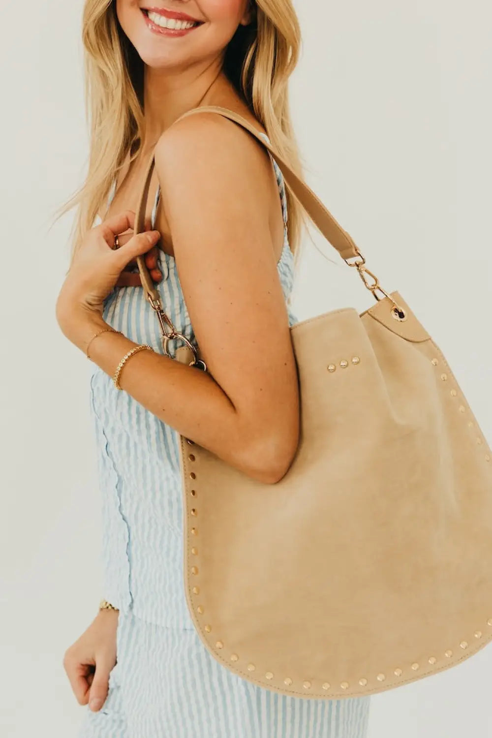 Rosalie Rivet Suede Hobo Bag - Oat - Tote Bag