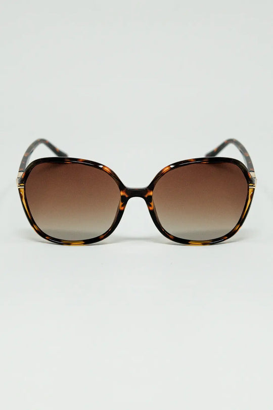 Q2 Round beige printed sunglasses with gold metal detail