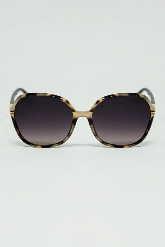Q2 Round beige printed sunglasses with gold metal detail