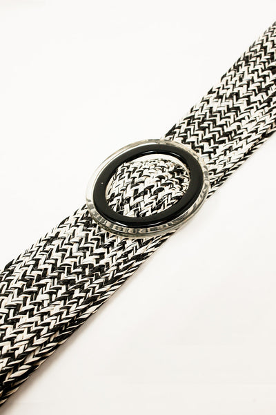 Round Buckle Braided Belt in Black and White