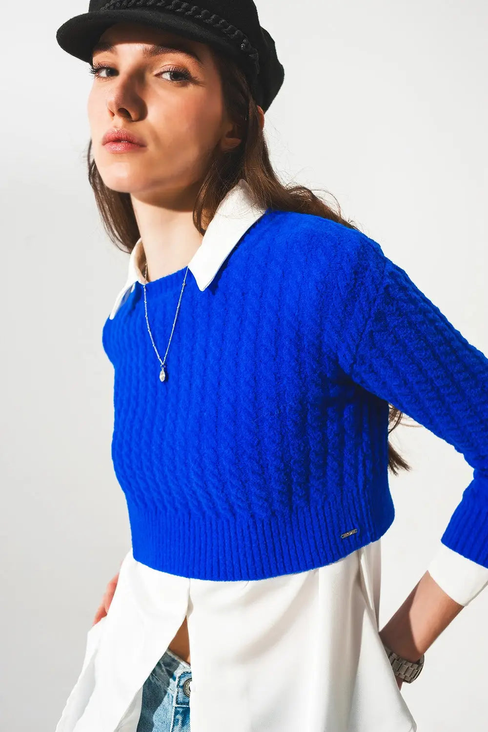 Round neck cable knit crop jumper in blue - Sweaters