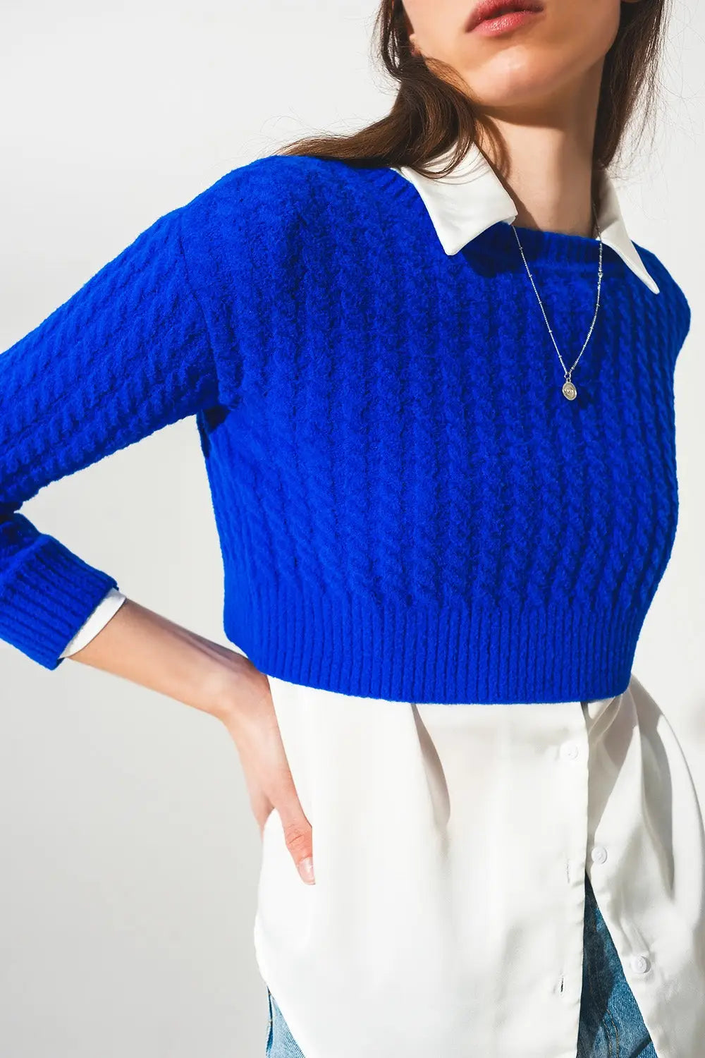 Round neck cable knit crop jumper in blue - Sweaters