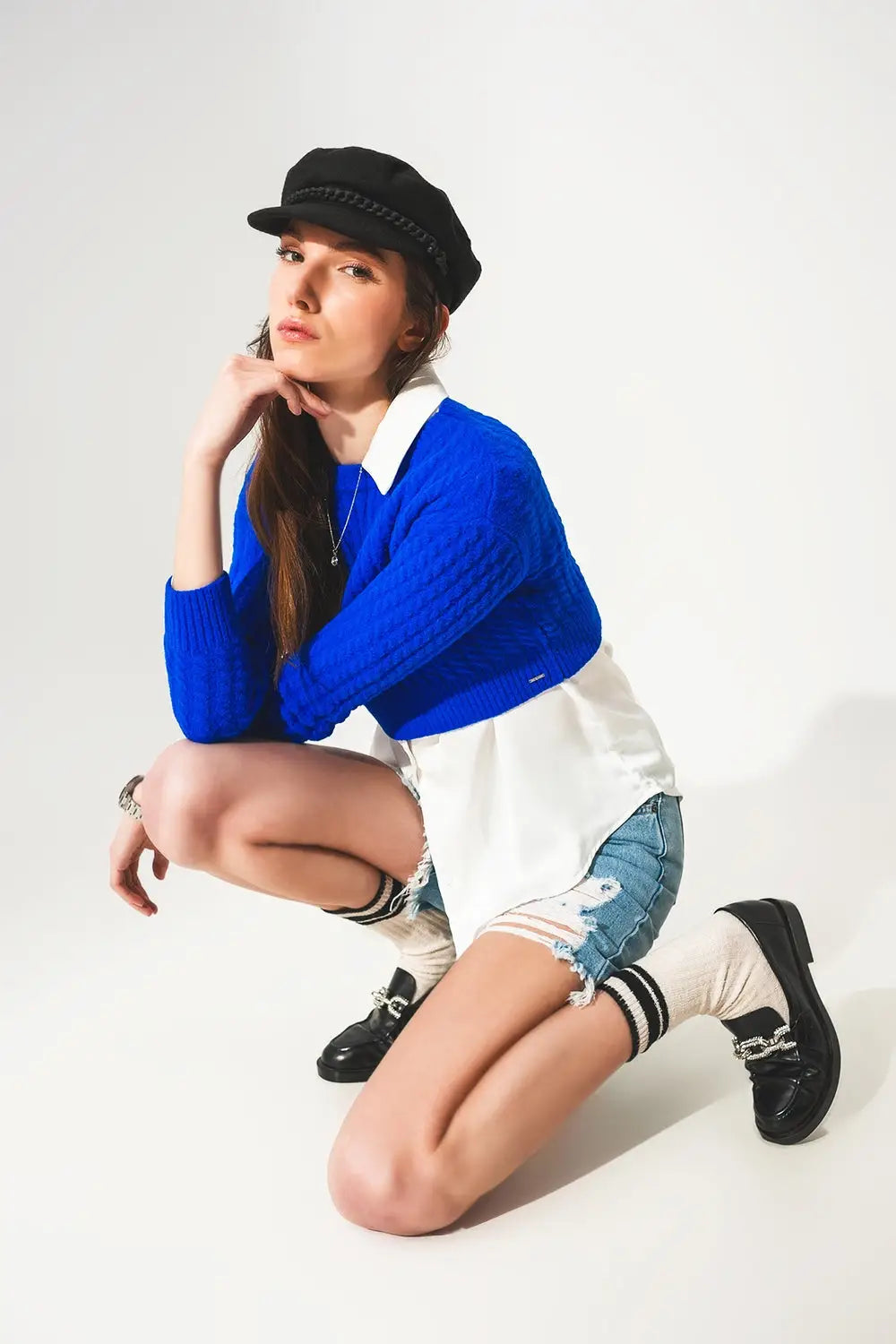 Round neck cable knit crop jumper in blue - Sweaters