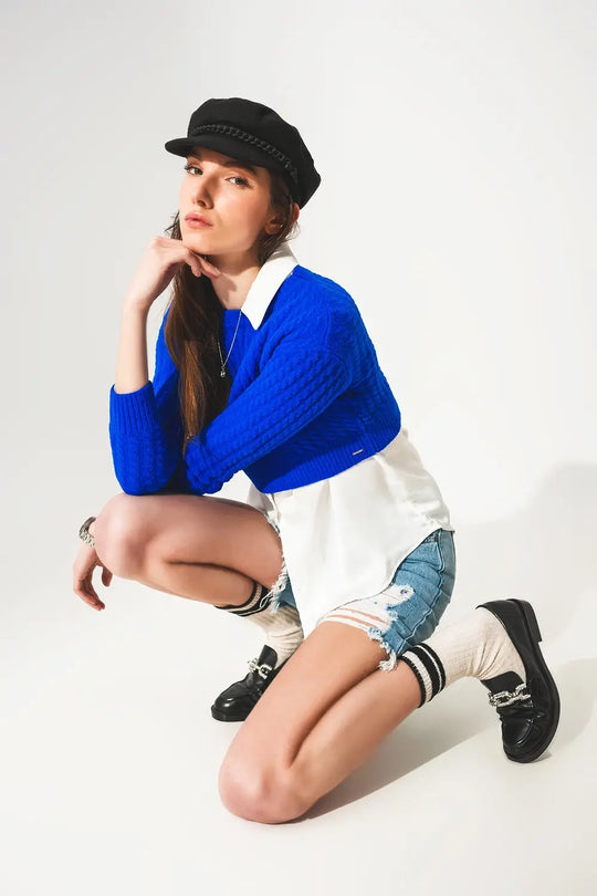 Round neck cable knit crop jumper in blue - Sweaters